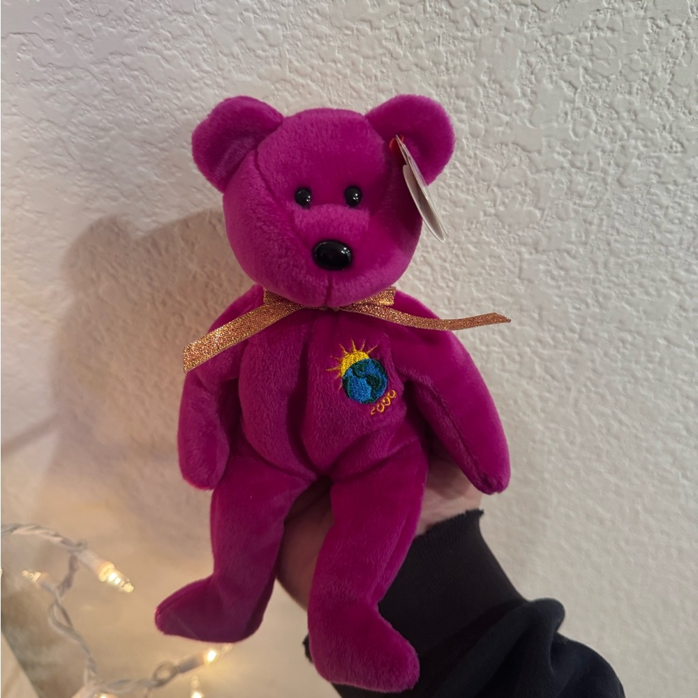 Plush Purple Teddy Bear with Gold Ribbon